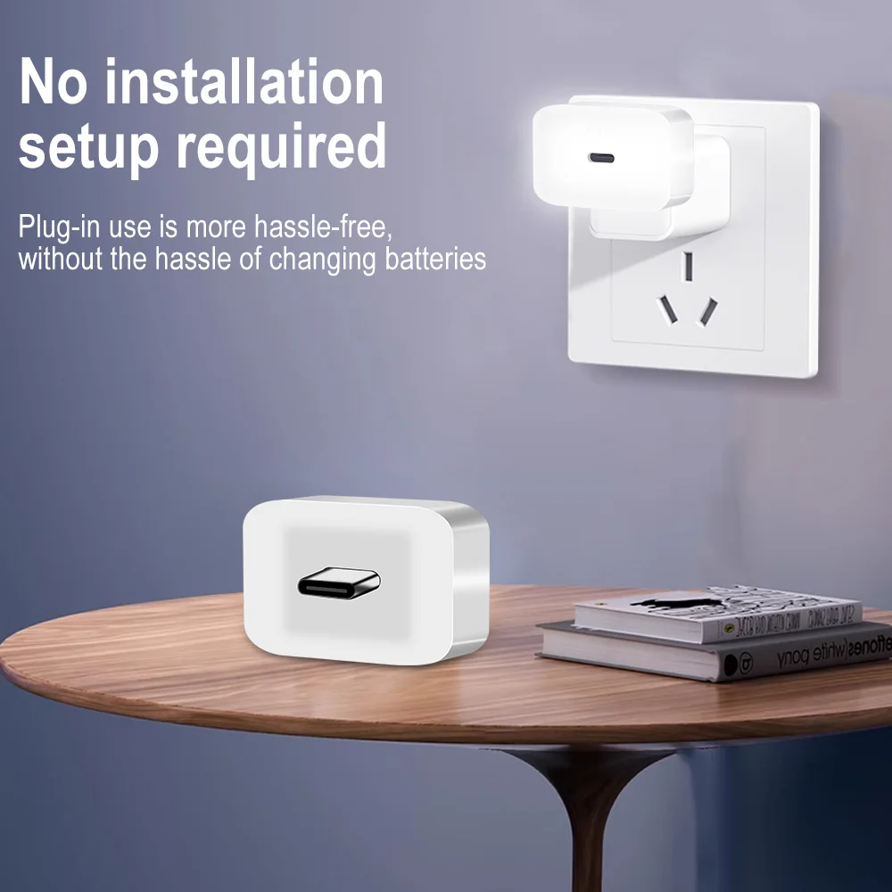 BORUIT Luz nocturna inteligente USB-C Plug in Luz nocturna Control de voz Selección de brillo Mesita de noche Dormitorio