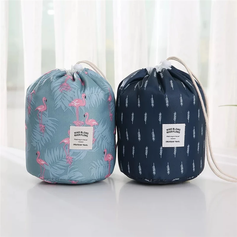 Women Lazy Drawstring Cosmetic Bag Color Cylinder Drawstring Travel Makeup Bag Large Capacity Beauty Makeup Storage Toiletry Kit