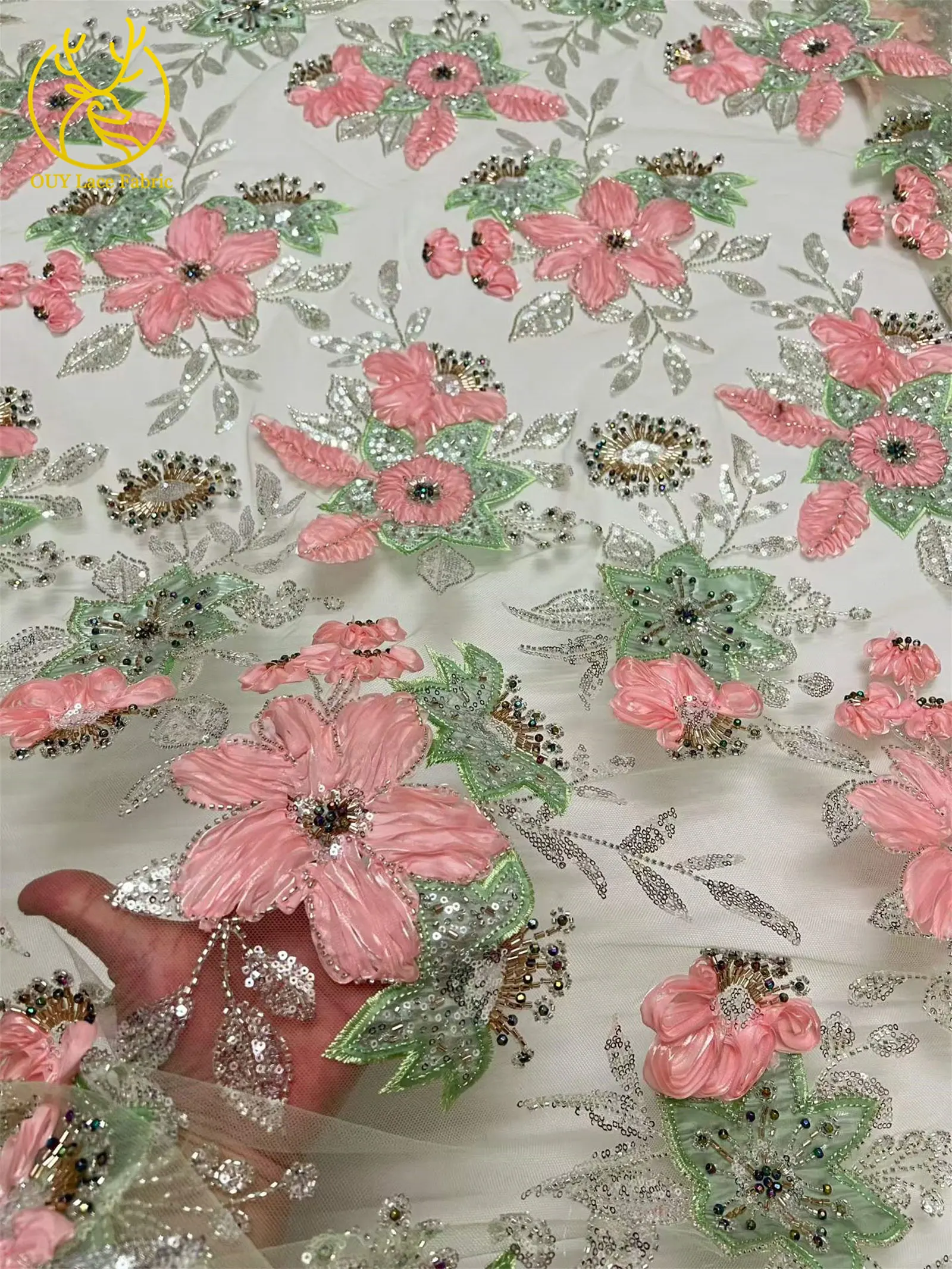 3D Hochwertiger bestickter Blumen-Spitzenstoff mit afrikanischen Pailletten, 2026 Französischer Perlen-Spitzenstoff für nigerianische Partykleider zum Nähen – Detail 12