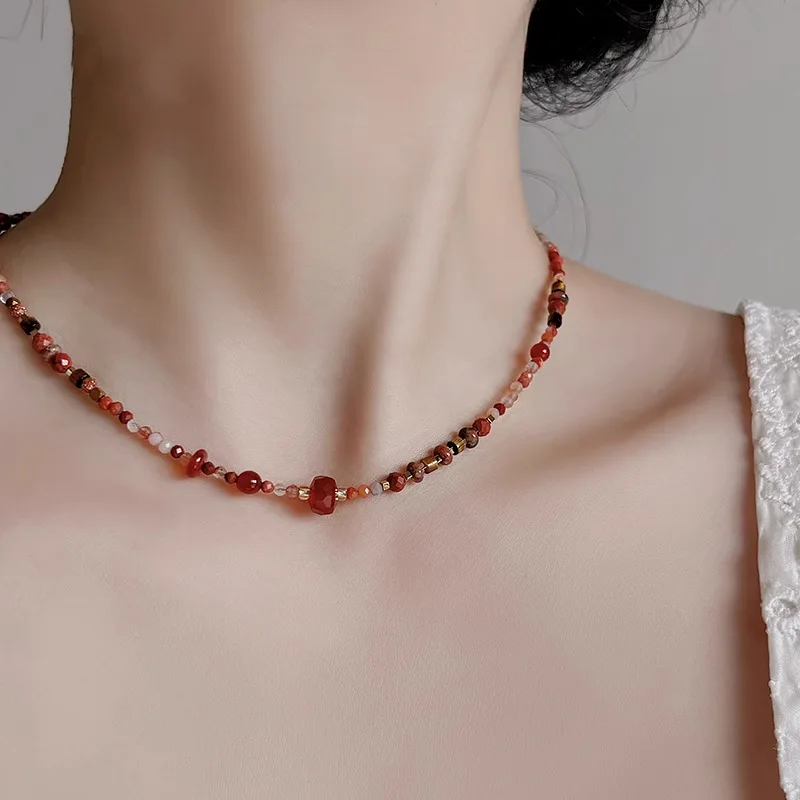 

Dopamine Red Agate Beaded Necklace Accessories Women's Summer Clavicle Chain Light Luxury Niche Design High End Neckland Jewelry