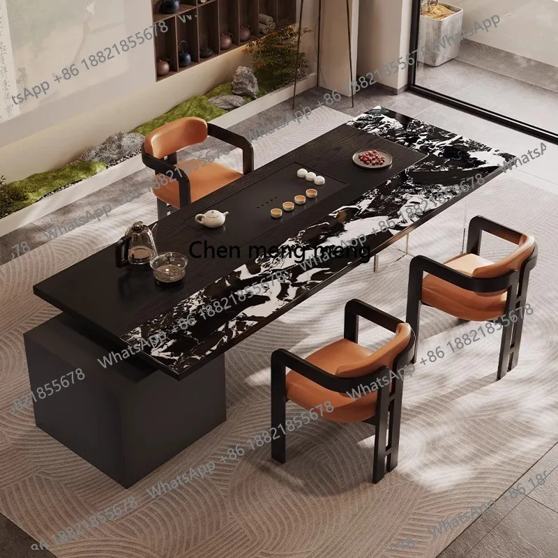 Modern visual black Italian minimalist rock slab tea tea table and chair combination one table five chairs