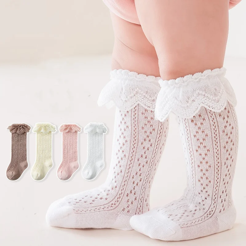 Fashion Baby Girls Ruffle Lace Socks Summer Thin Mesh Princess Knee High Socks Soft Cotton Kids Girl Stockings For 0 to 3Years