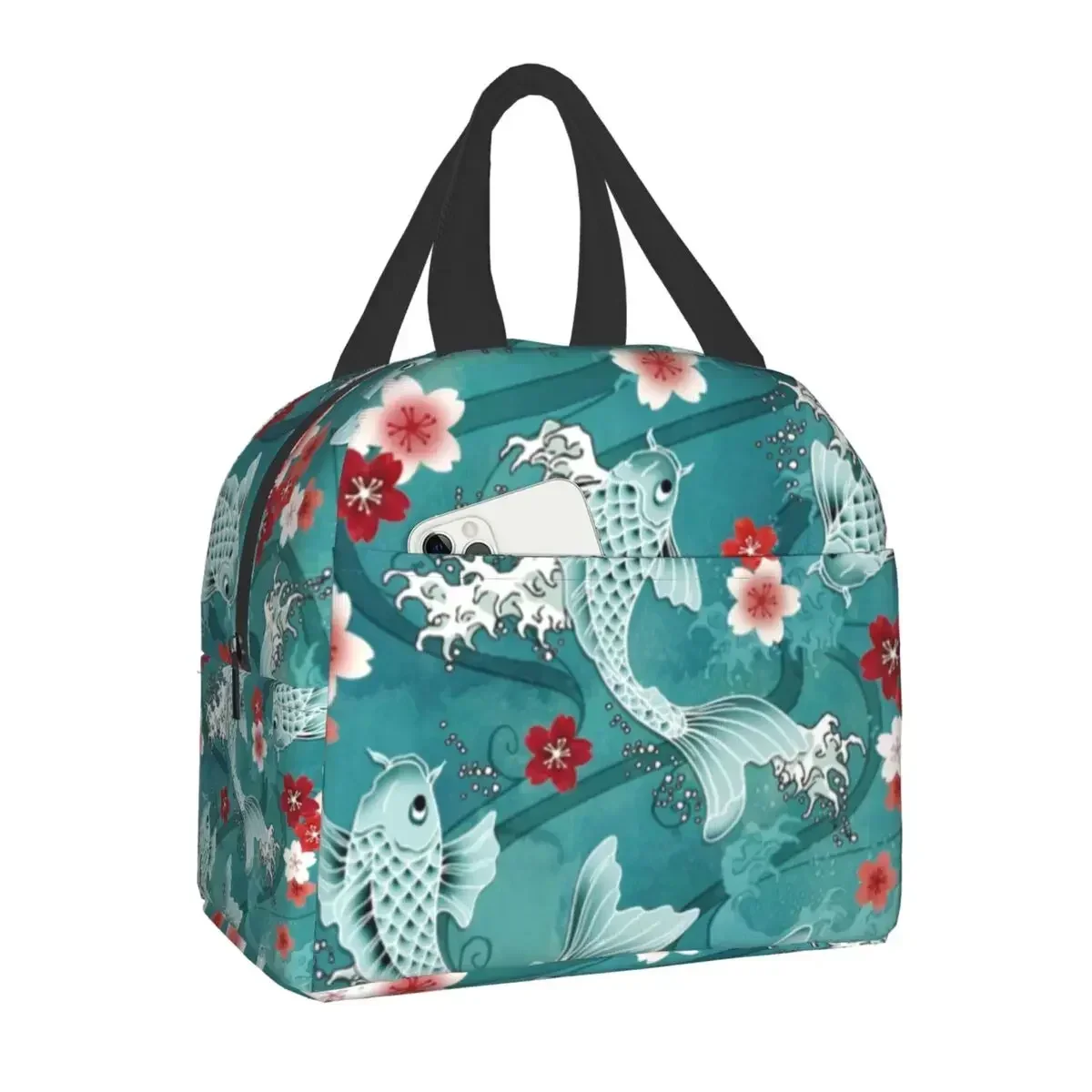 Custom Koi Fish Sakura Blossom In Turquoise Lunch Bag Men Women Thermal Cooler Insulated Lunch Boxes for Adult Office