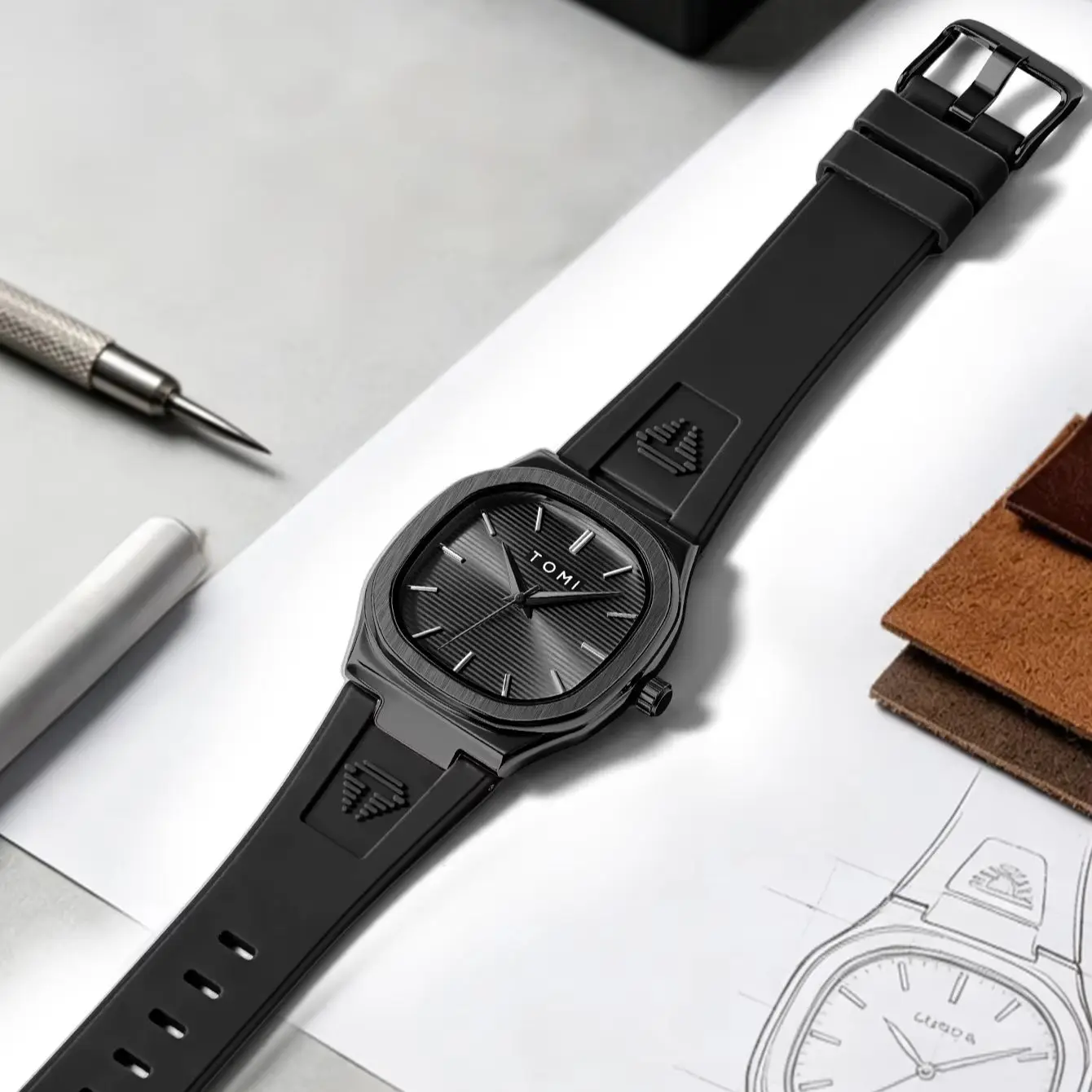 TOMI 2026 New Fashion Men's Quartz Watch Simple Square Dial Rubber Strap Waterproof Analog Wristwatch image 4