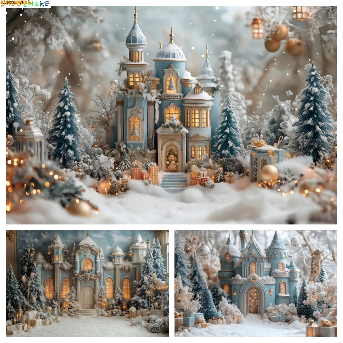 

Winter Castle Christmas Background Photography Frozen Wonderland Snowy Forest Girls Birthday Party Decor Backdrop Photo Props