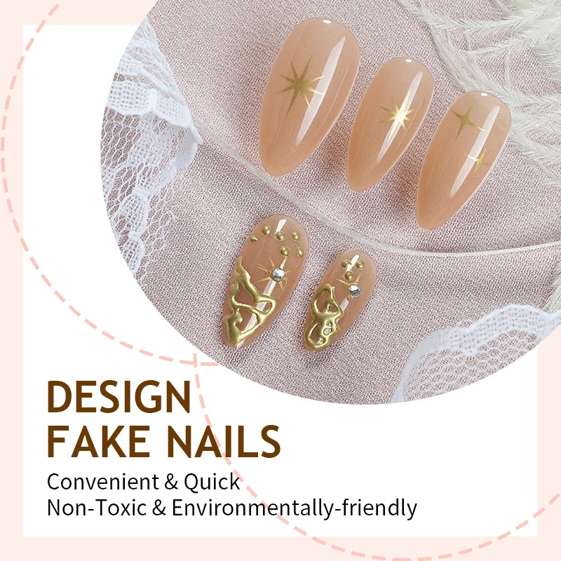3D Gold Irregular Star Pattern Press on False Nails French Fake Nails with Almond Head Design Detachable Almond Press on Nails