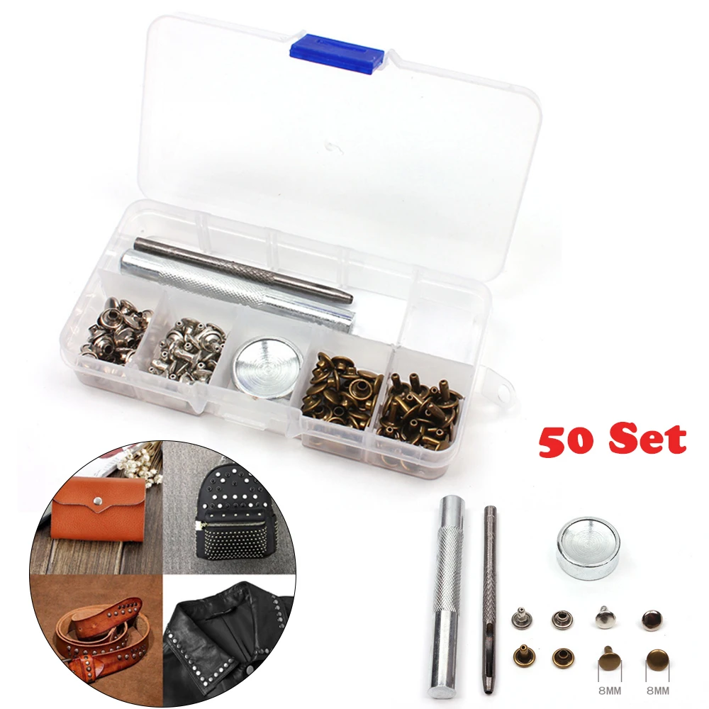 

50 шт., медные заклепки, кнопки, заклепки, заклепки с одной крышкой, трубчатые металлические шпильки с набором крепежных инструментов для ремонта кожи