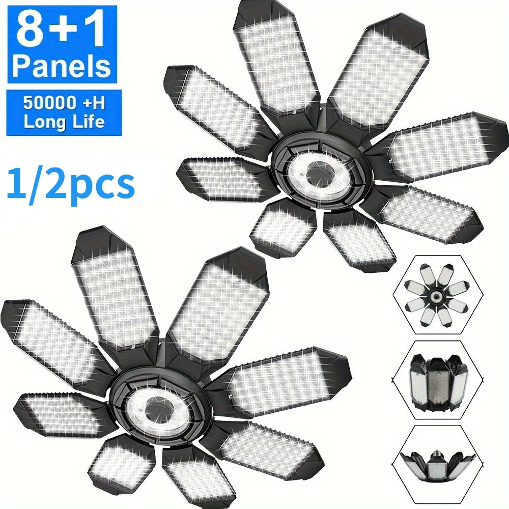 

8+1 Adjustable Panels 1/2PCS Deformable LED Bulb Garage Light E27/E26 Ceiling Light Super Bright Night Light for Warehouse Shop
