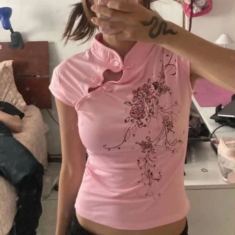 2026 Summer New Retro Street-mounted Pink Floral Print Slim Cheongsam Shirt Y2k Fashionable Hollow With Irregular Buttons Top