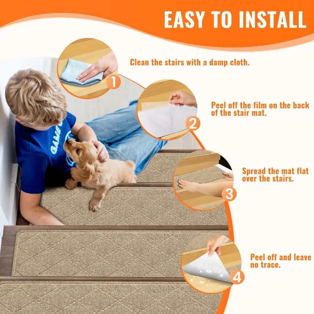 1pc Home Deco Non-Slip Stair Treads 8x30 Inch Self-adhesive Carpet TPR Backing Reusable Stair Runner for Most Steps
