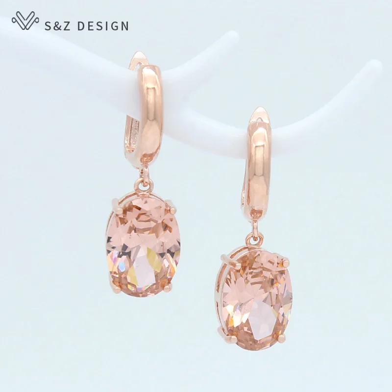 S&Z DESIGN New Oval 585 Rose Gold Color Cubic Zirconia Egg Shape Dangle Earrings For Women Girls Jewelry Wedding Party Gift