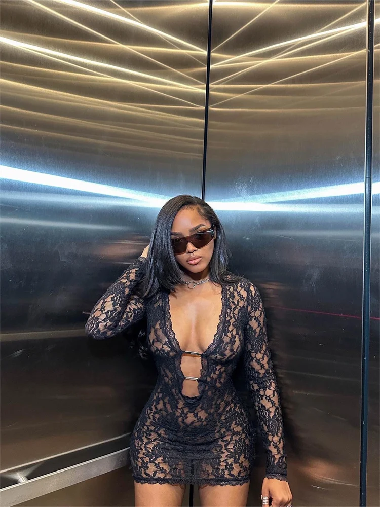 

Cutenew Lace Sexy Hot Dress Women Trend New See Through Deep V-neck Cleavage Skinny Mini Vestidos Ladies Coquette Stunning Robe