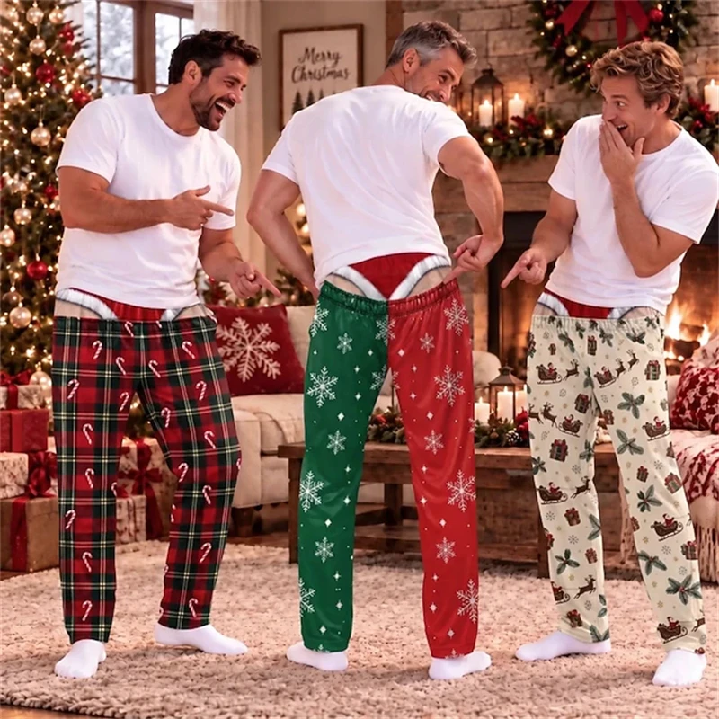 New Men's Fun Christmas Trousers Straight-Leg Pants with Festive Prints Loose Fit Casual Trousers for Holiday Parties and Fun