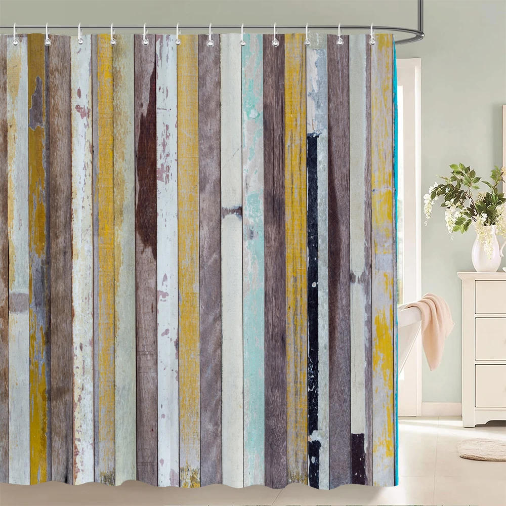 

1Pcs Imitation wood grain printed fabric waterproof shower curtain, stripe pattern bathroom decoration curtain, with hooks