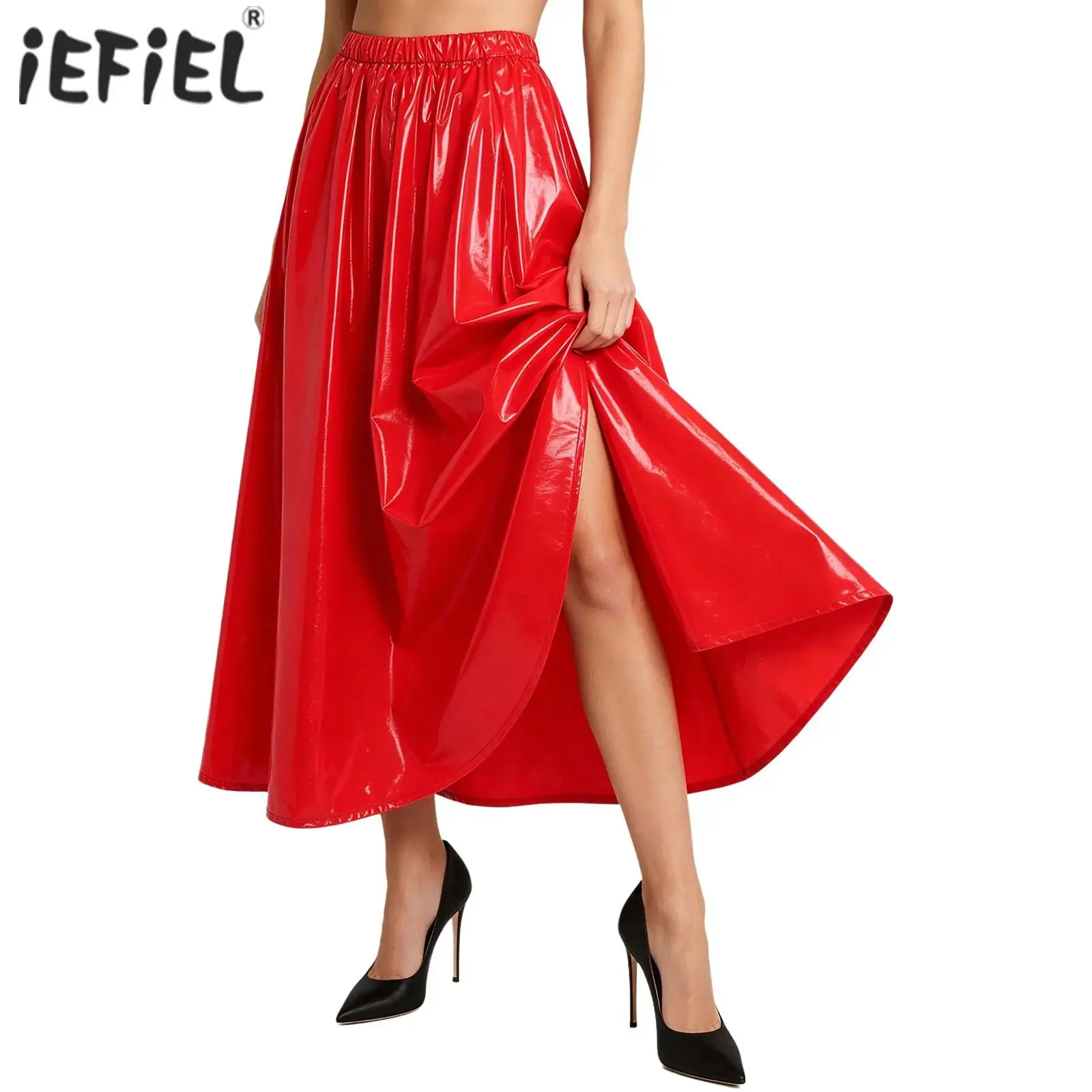 Womens Elastic Waist Pleated Long Swing Skirt Dance Performance Costume Waterproof Vinyl Glossy Cover-up Maxi Skirt Clubwear