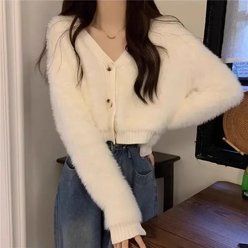 Sweet Fluffy Cardigans for Women Tender Korean Style Cropped Sweaters Feminine Autumn Winter Knit Stylish Chic V-neck Outerwear