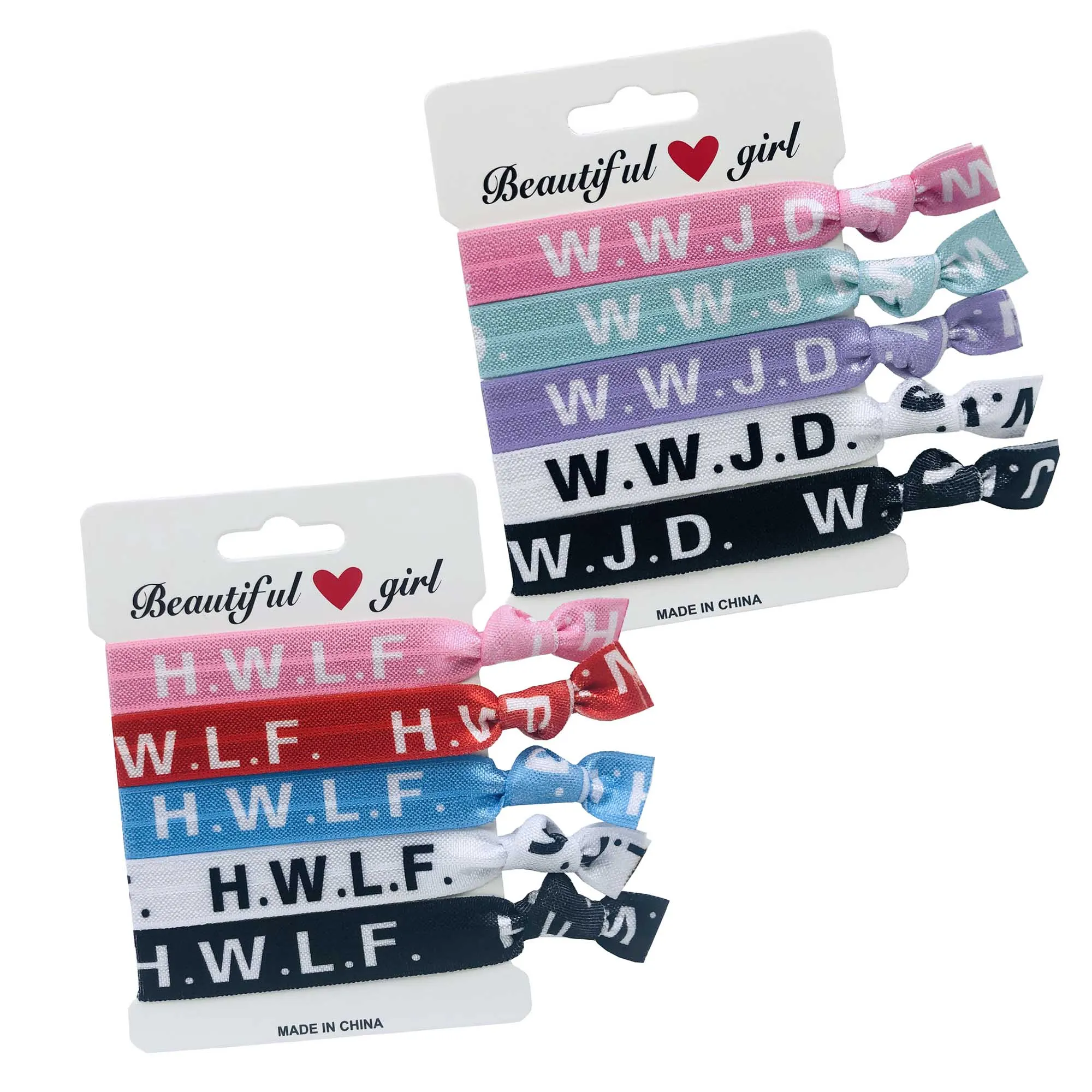 

5 Packs of 5 Hair Ties Bracelet WWJD HWLF Knotted Elastic Hair Band Boutique Headwear Girls Ponytail Holder Hair Accessories