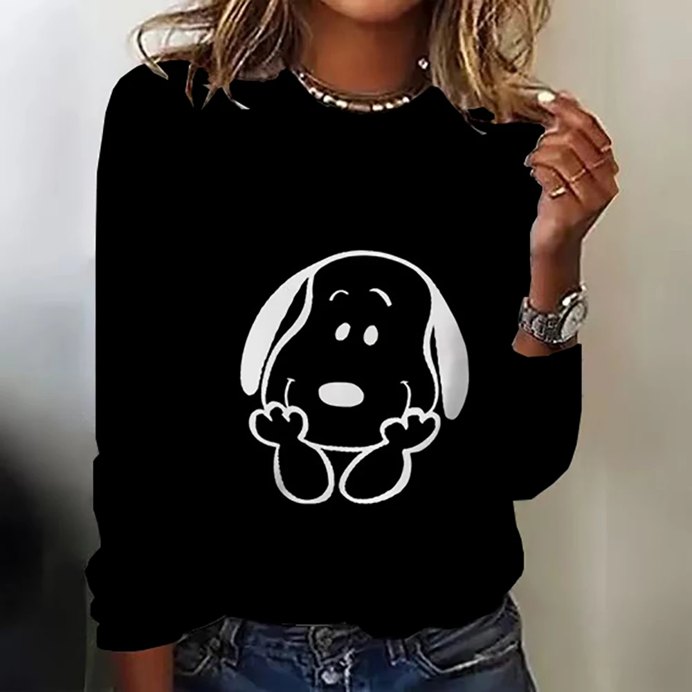 Kawaii Cartoon Women\'s T-shirt Cute Snoopy Round Neck Long Sleeve T-shirt Fashion Printed Large Casual T-shirt Autumn