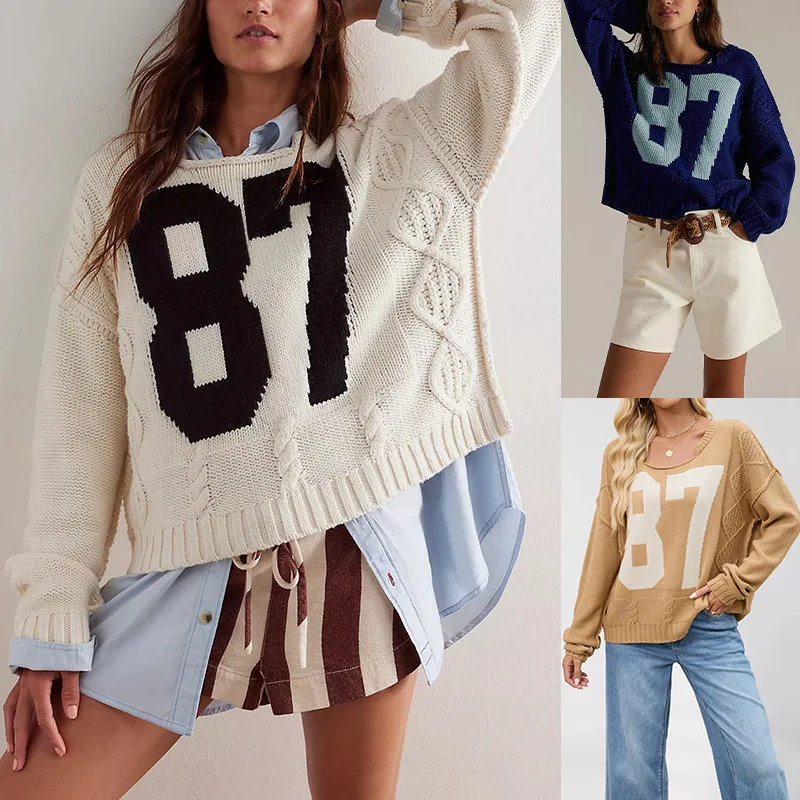 

Women Top Pullovers Sweaters Round Neck Full Sleeve Jumpers Y2k Streetwear Elegant Splice Knit Print Letter Autumn Winter
