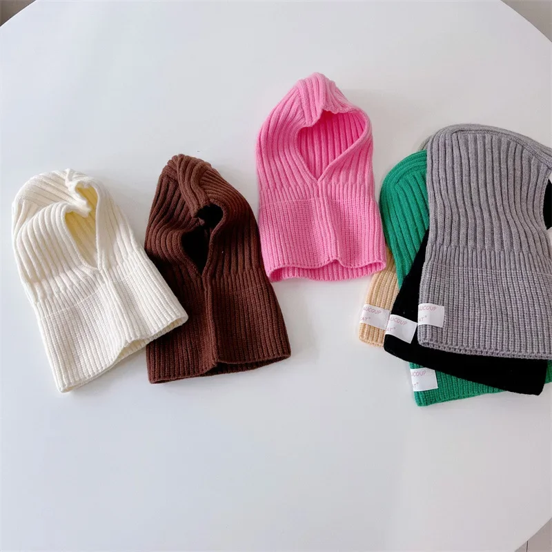 Knitted Baby Hat Hooded Scarf Warm Solid Color One Piece Scarf Winter Kids Toddler Boys Girls Hats