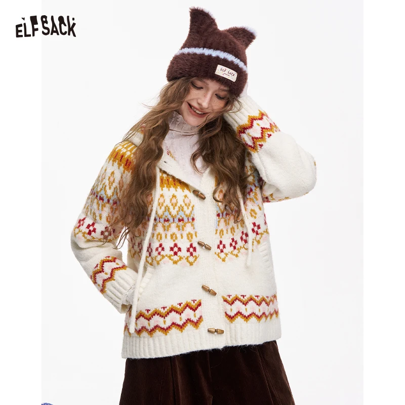 

ELFSACK Y2K Женский кардиган с капюшоном и завязками на пуговицах Fair Isle
