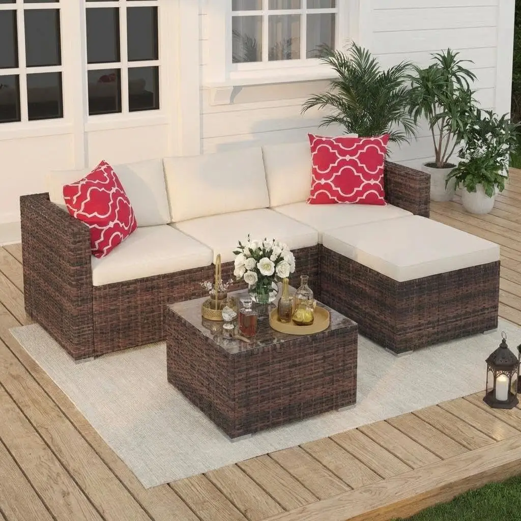 

5pc All-Weather Wicker Patio Sectional Sofa Set Thick Cushions Rattan Coffee Table Deck Backyard Lawn 24in Seat Customized