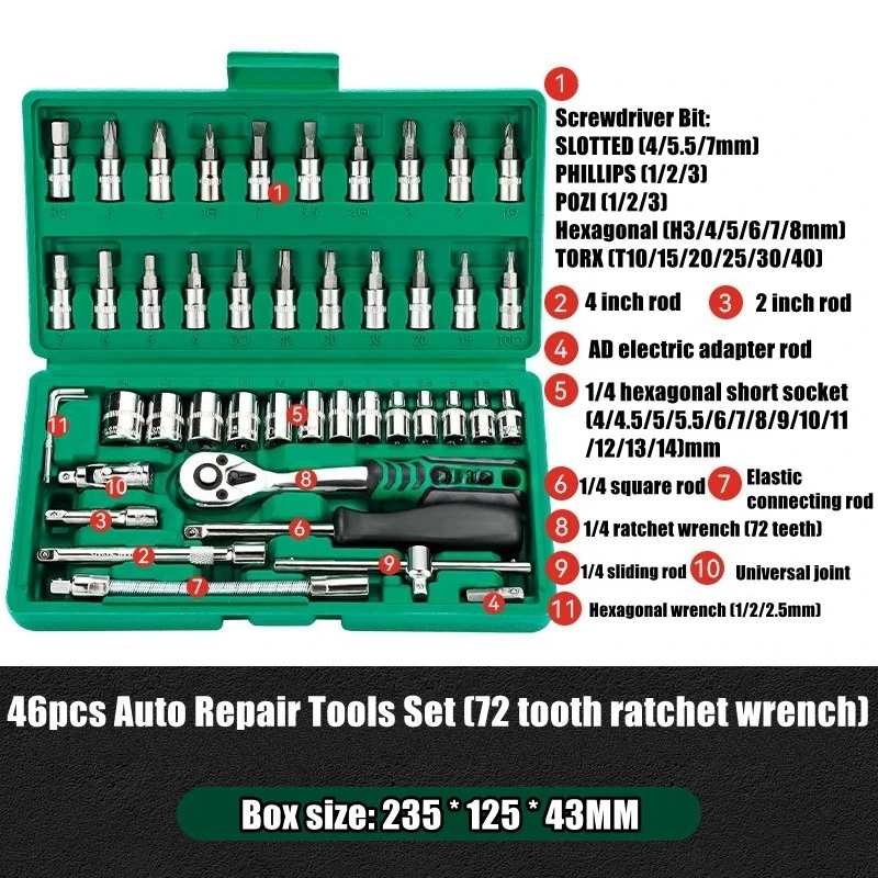 

Professional 24/72 Tooth Ratchet Wrench Set with Sockets & Bits， Extension Rod for Precise Car Repair & Home Use