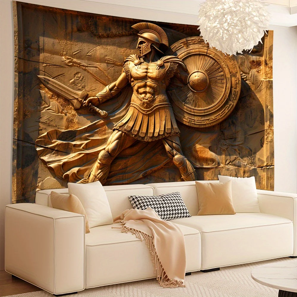 نسيج حائط ثلاثي الأبعاد Vintage Spartan Warrior - تصميم الدرع والسيف، ديكور بوليستر لغرفة المعيشة وغرفة النوم والمكتب