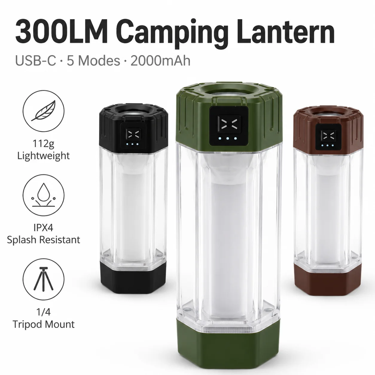 Portable Camping Lantern Rechargeable USB C Mini Tent Light 300LM Outdoor Work Light with Spotlight Hook 1/4 Tripod Mount for Hiking Emergency