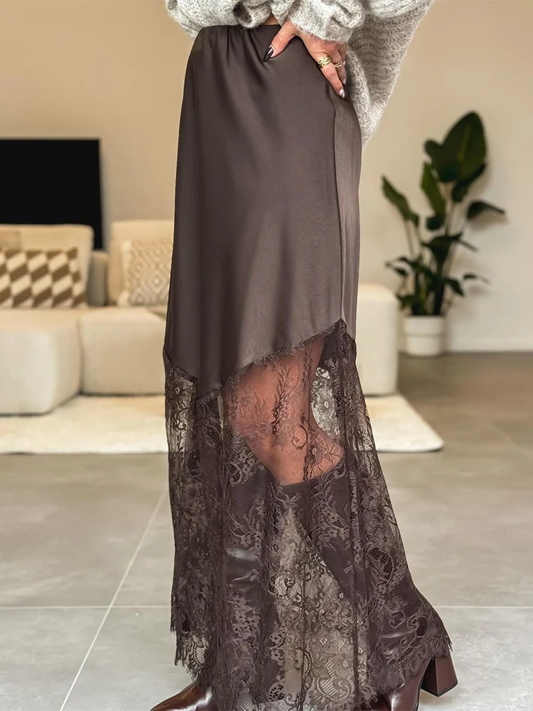 Women Elegant Patchwork Lace Skirts Fashion Cinched Waist Hollow Out Maxi Skirts 2025 Lady Brown Evening Party Sexy Club Skirts