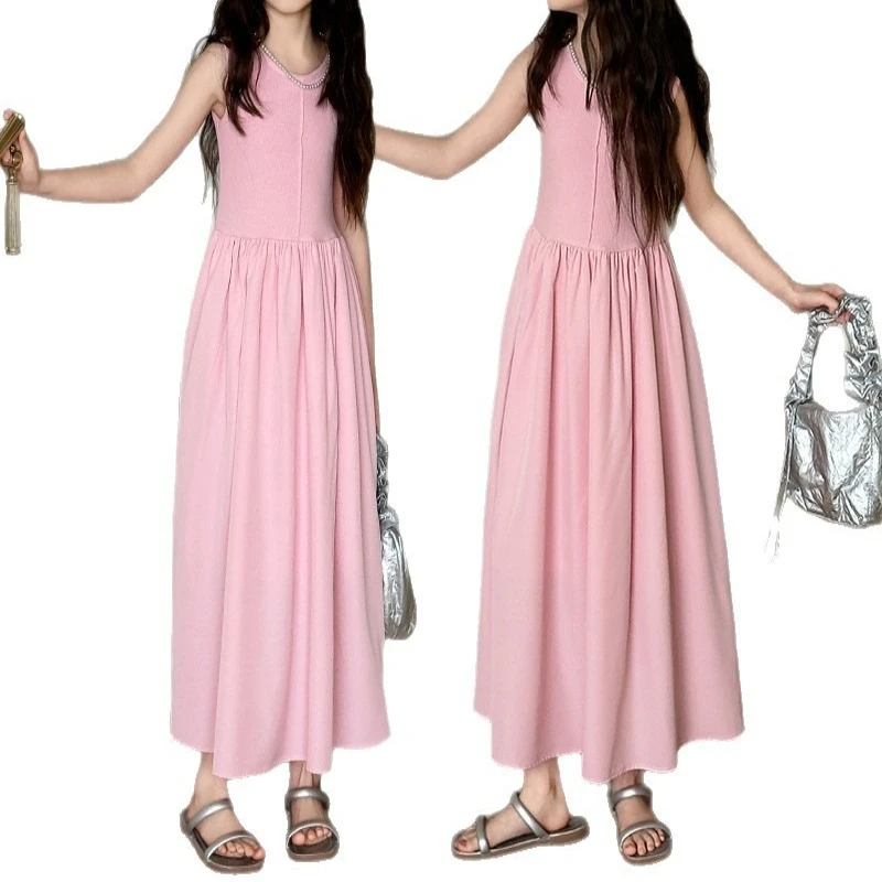 

Girls' Summer Sleeveless Waist Princess Dress, Casual Long Gown for Big Kids Fashionable Breathable Daily Wear