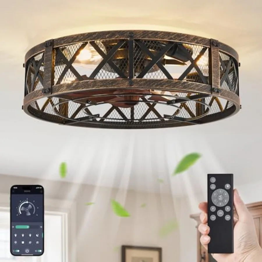 Caged Ceilg Fan With Light, APPandRemote Control, Small Flush Mount Farmhouse Fan Lights, Low Profile Rustic Bladeless Ceilg Fa
