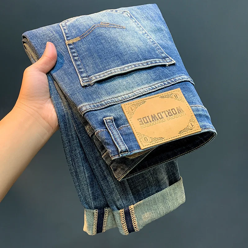 Ripped Jeans Men's Summer New Trendy High-End Slim Fit Harem Blue, Thin Stretch Casual Light Luxury Long Pants