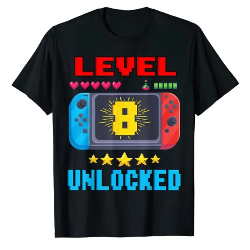 8th Birthday Boy Level 8 Unlocked Video Gamer Birthday T-Shirt Sons Birthday Gifts Game Lover Graphic Tee Tops Cute B-day Outfit