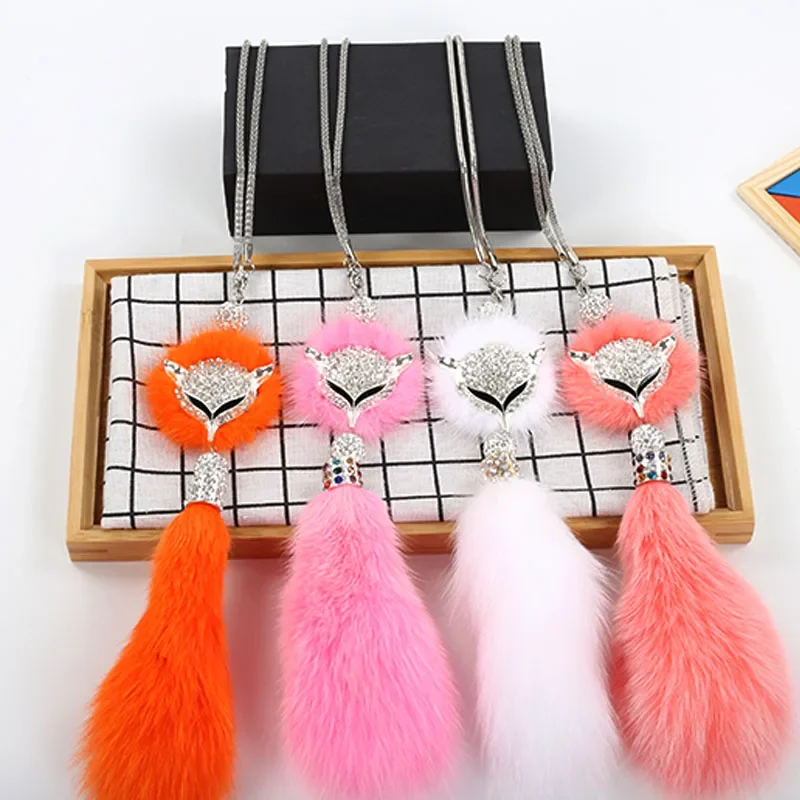 8 Colors Plush Fox Hair Car Pendant Rearview Mirror Pendant Charm Crystal-encrusted Cute Ladies Car Interior Hanging Ornament