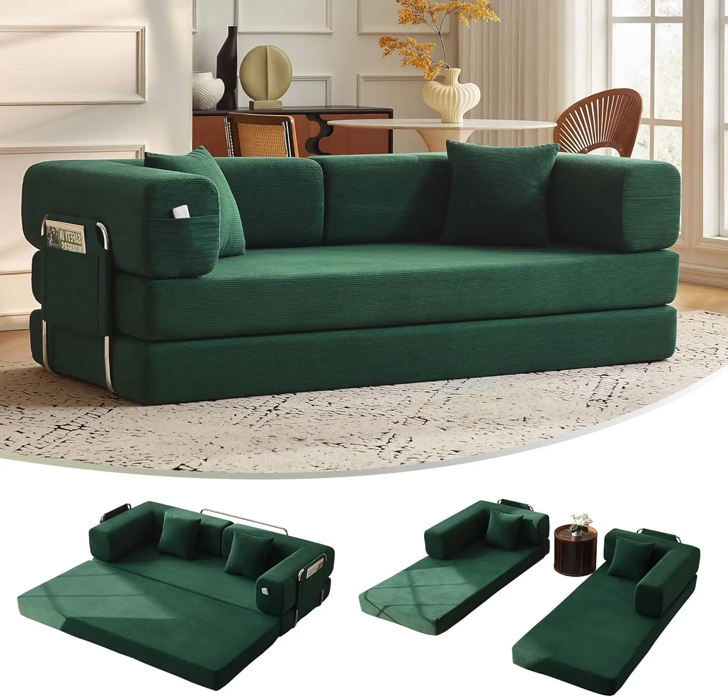 79' Convertible Sofa Bed with Pillows, Corduroy Folding Sleeper Sofa, Green, No Assembly