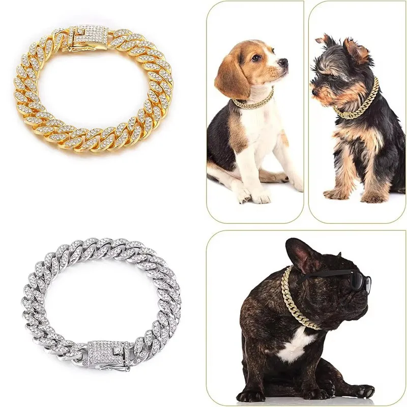 1/3pcs Dog Chain Diamond Collar Walking Metal Chain Collar with Design Secure Buckle, Pet Cat Cuban Collar Jewelry Accessories