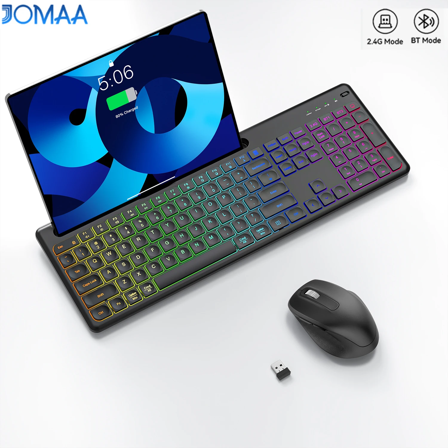 Jomaa Rechargeable Full Size Backlit Keyboard with Card Slot Stand Bluetooth USB Wireless Keyboard Mouse Set for iPad Laptop