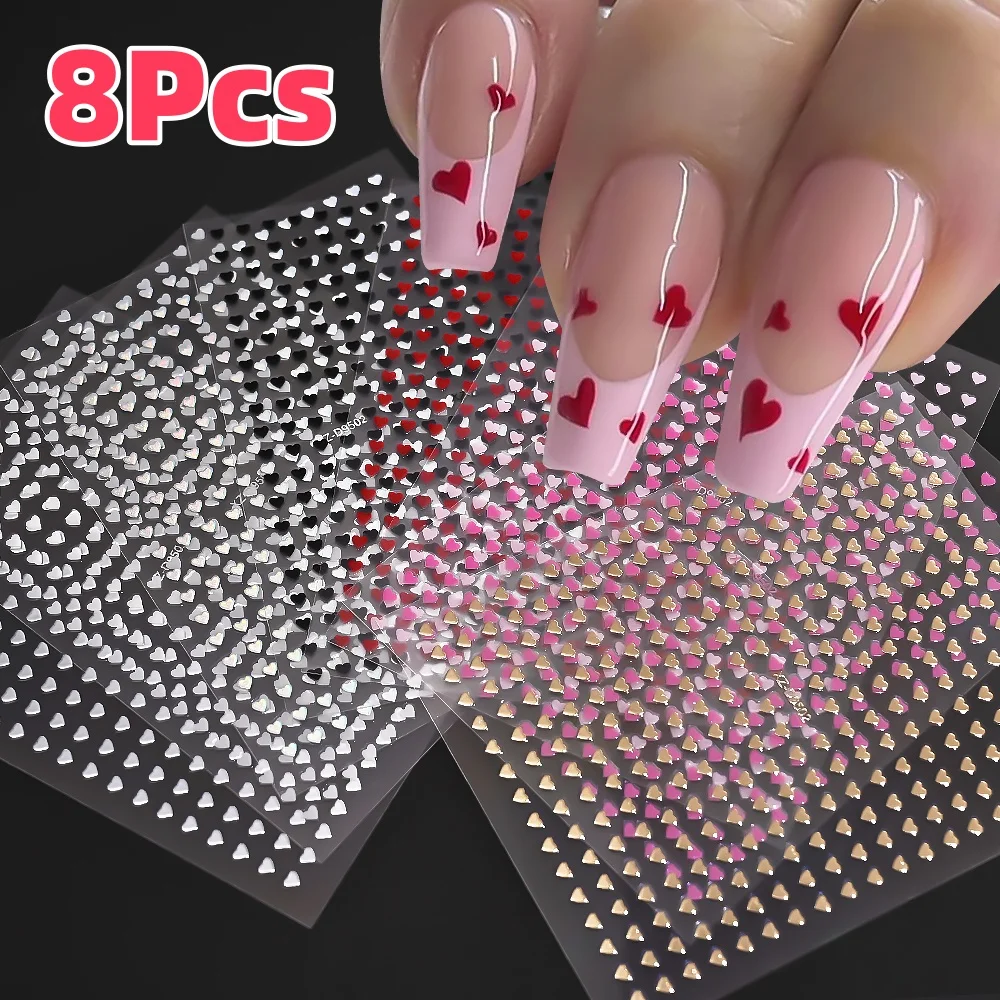 8Colors/Set 3D Love-Heart Nails Stickers Mini Sweet Hearts Self-Adhesive Nail Art Sliders Valentine's Day DIY Manicure Decals 1
