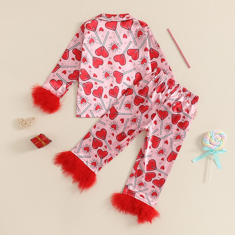 Kids Girls Valentine's Day Pajamas Set Heart Print Long Sleeve Shirts Tops Long Pants Satin 2 Pieces Lounge Suit Sleepwear