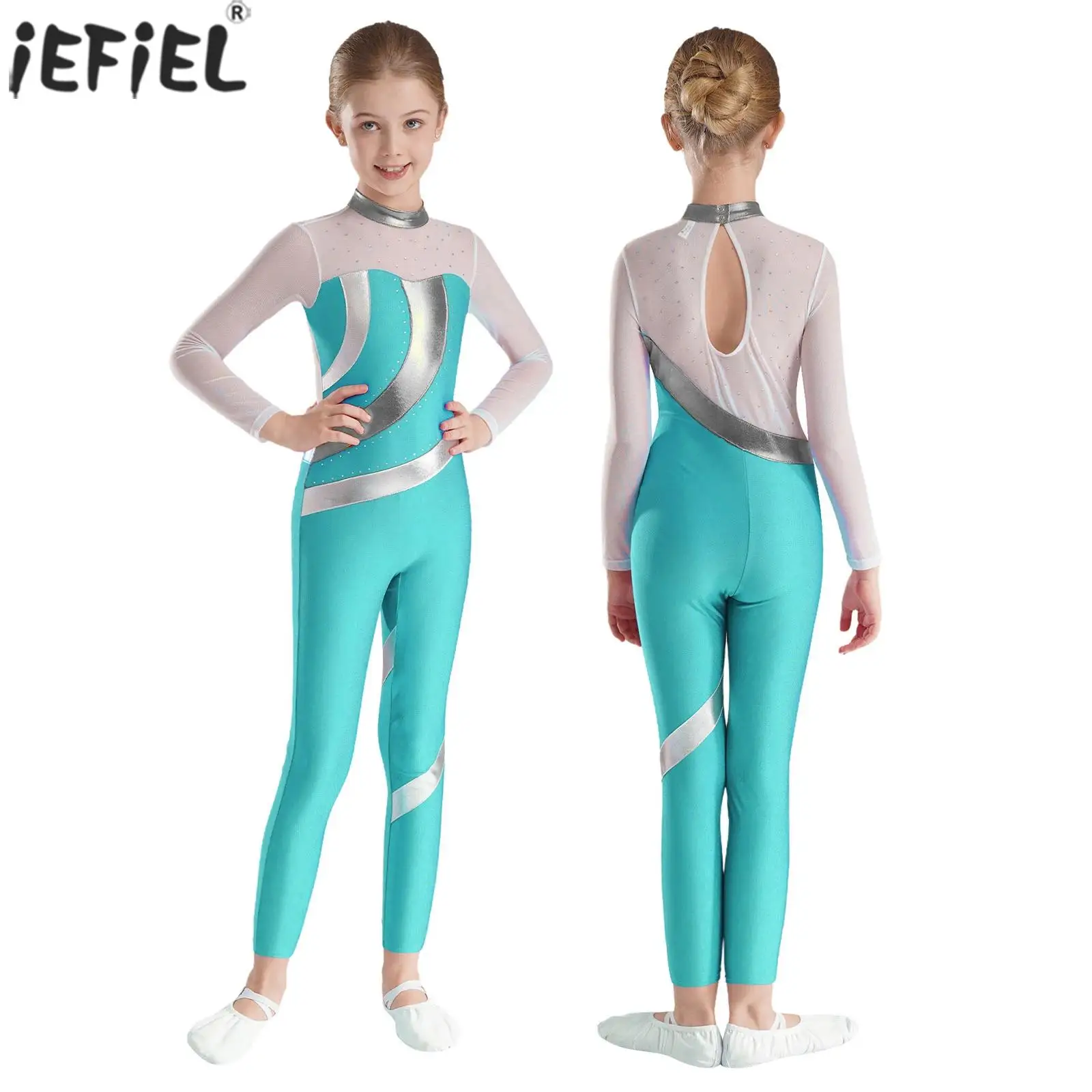 

Kids Girls Rhythmic Gymnastics Jumpsuit Ballet Dance Figure Skating Performance Costume Shiny Rhinestones Sheer Mesh Unitards