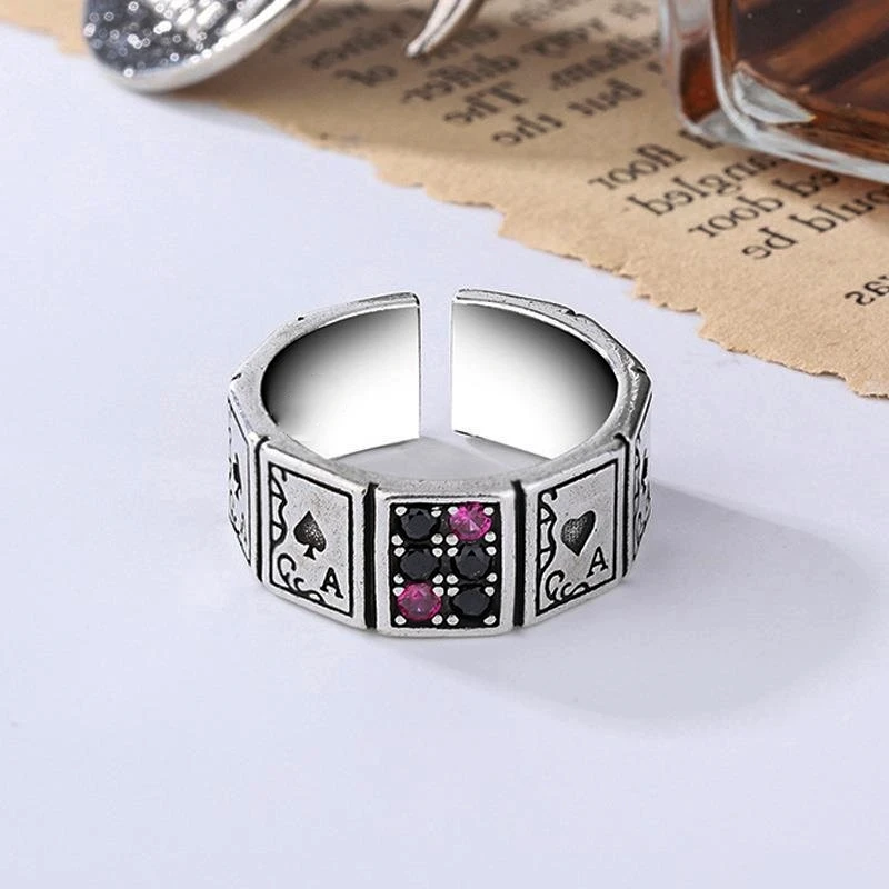 Trendy Playing Card Alloy Adjustable Rings For Women Men Silver Color Round Metal Ring Party Birthday Daily Jewelry