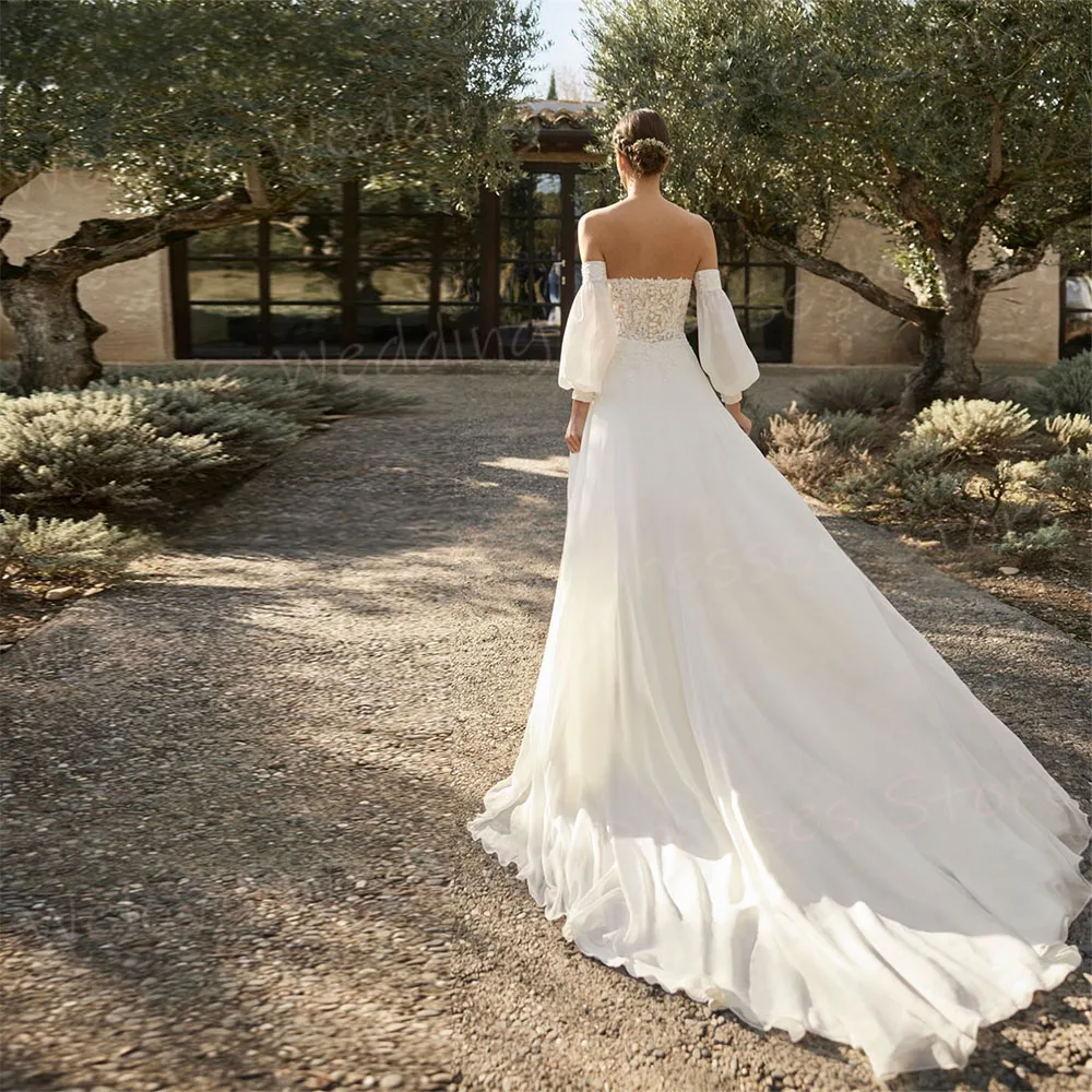 Vestidos de casamento sem alças clássicos femininos, graciosos, apliques de renda, vestidos de noiva, destacáveis, manga comprida