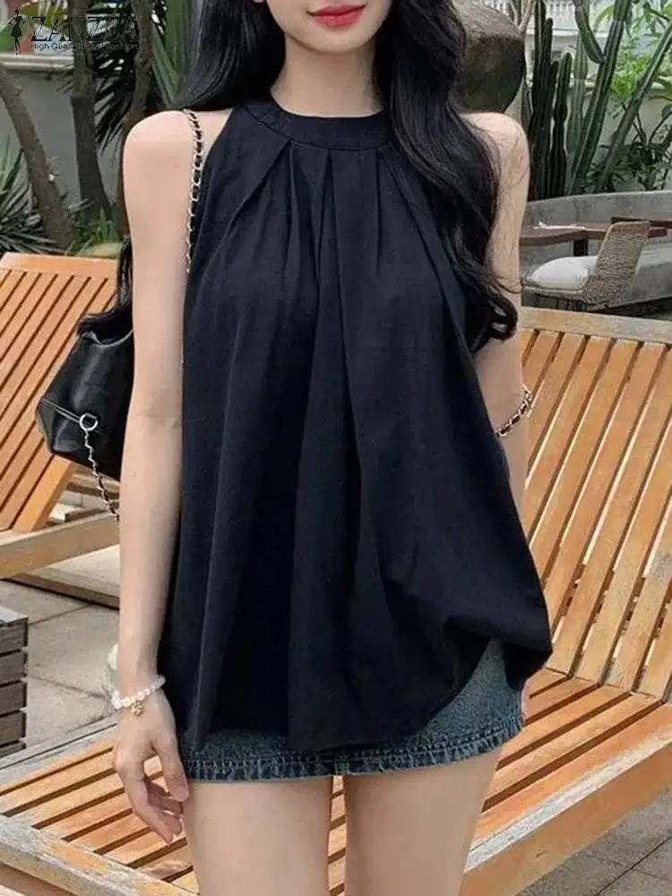 ZANZEA Korean Sleeveless Blouse Fashion Women Sweety  Pleated Tank Tops 2024 Summer Casual Shirts Holiday O-neck Tunic Oversized