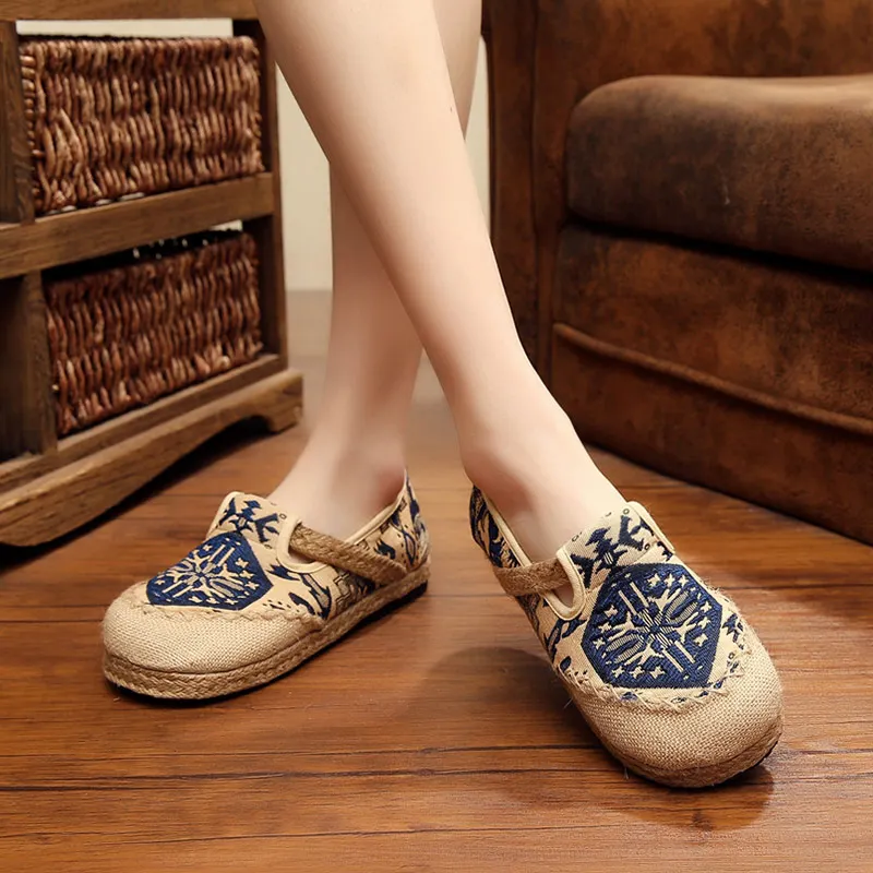 Embroidered Women Casual Linen Cotton Shoes Ladies Walking Flats Woman Driving Loafers  Size 35-42