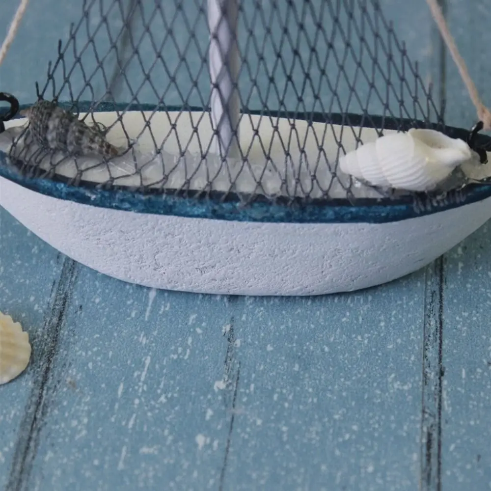 Mediterranean Style Sailing Boat Model Handmade Fishing Net Accent Wooden Sailing Boat Shells Accent Miniature Size