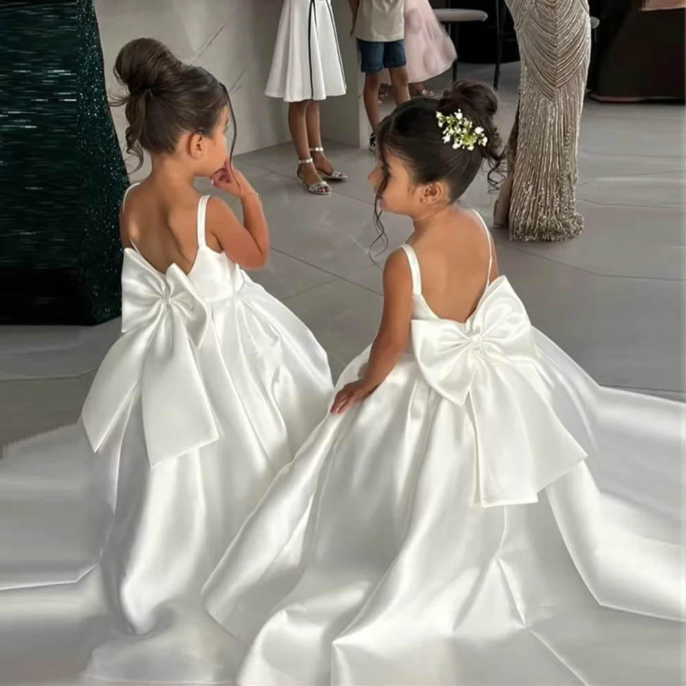 Girls Spaghetti Strap Backless Big Bow Satin Ball Gown Elegant Design For Formal Occasions Weddings Flower Girl Birthday Celebra
