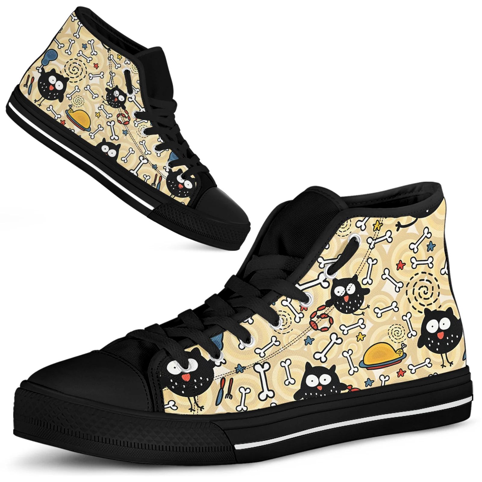 ELVISWORDS Cute Hand Drawn Cartoon Owl High Top Women's Shoes Comfortable Lace-up Canvas Shoes Girls Tennis Shoes Zapatos Mujer