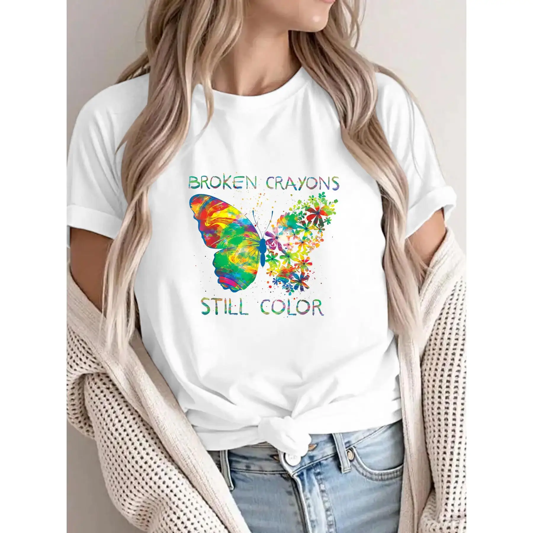 

Broken Crayons Still Color T-Shirt, Inspirational Butterfly Graphic Tee, Positive Quote Slogan Top, Motivational Gift for Women