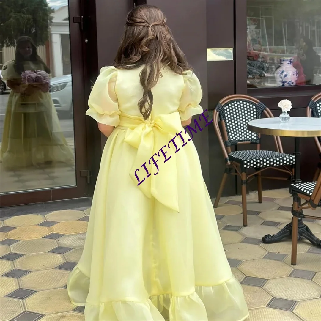 맞춤형 심플 여름 웨딩 파티 플라워 걸 드레스 리본 퍼프 소매 A라인 롱 드레스 공주님 첫 영성체 드레스 맞춤 제작